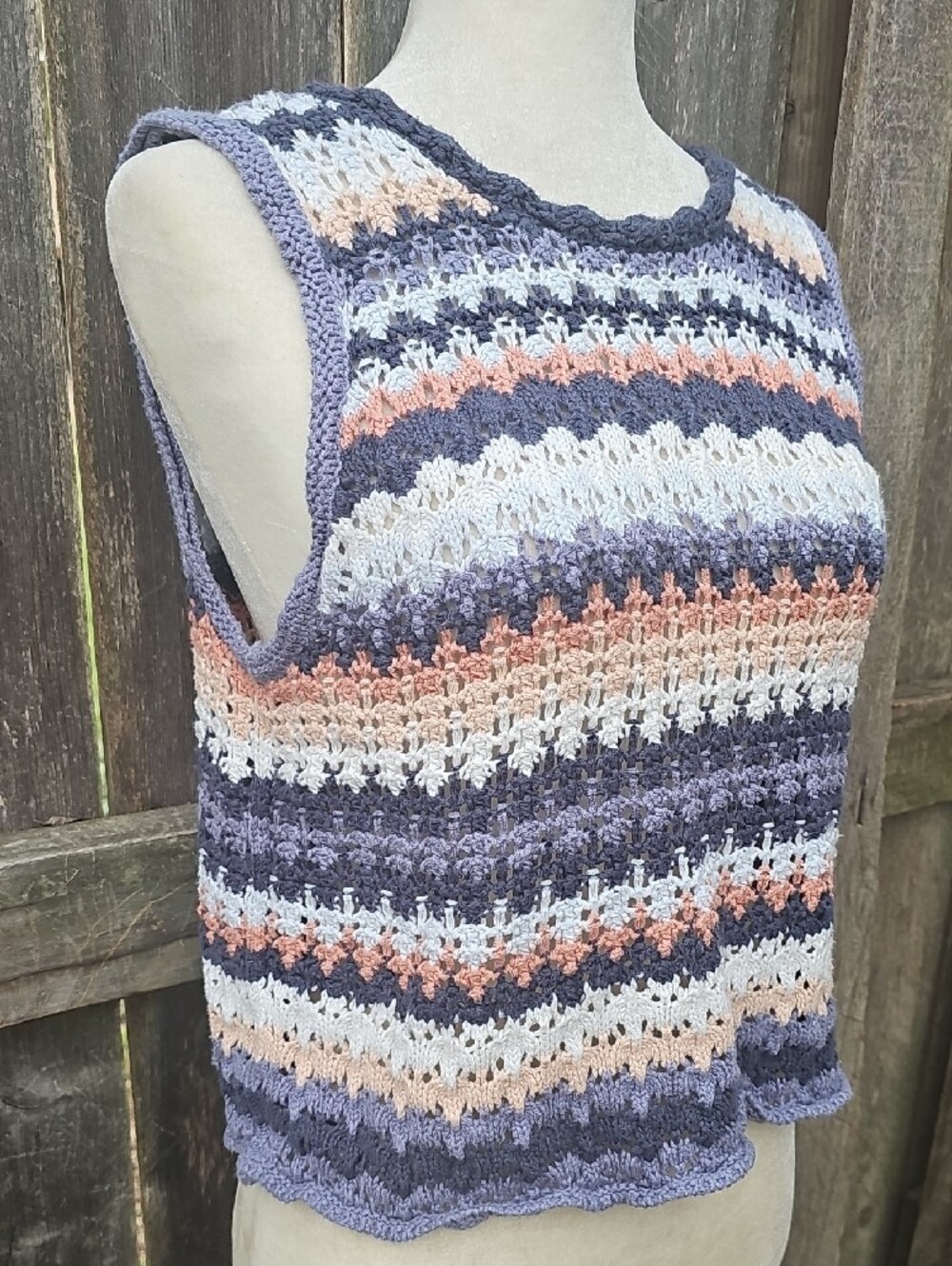Universal Thread Striped Openwork Knit Crochet Tank Blue Beige Orange L - Picture 2 of 7